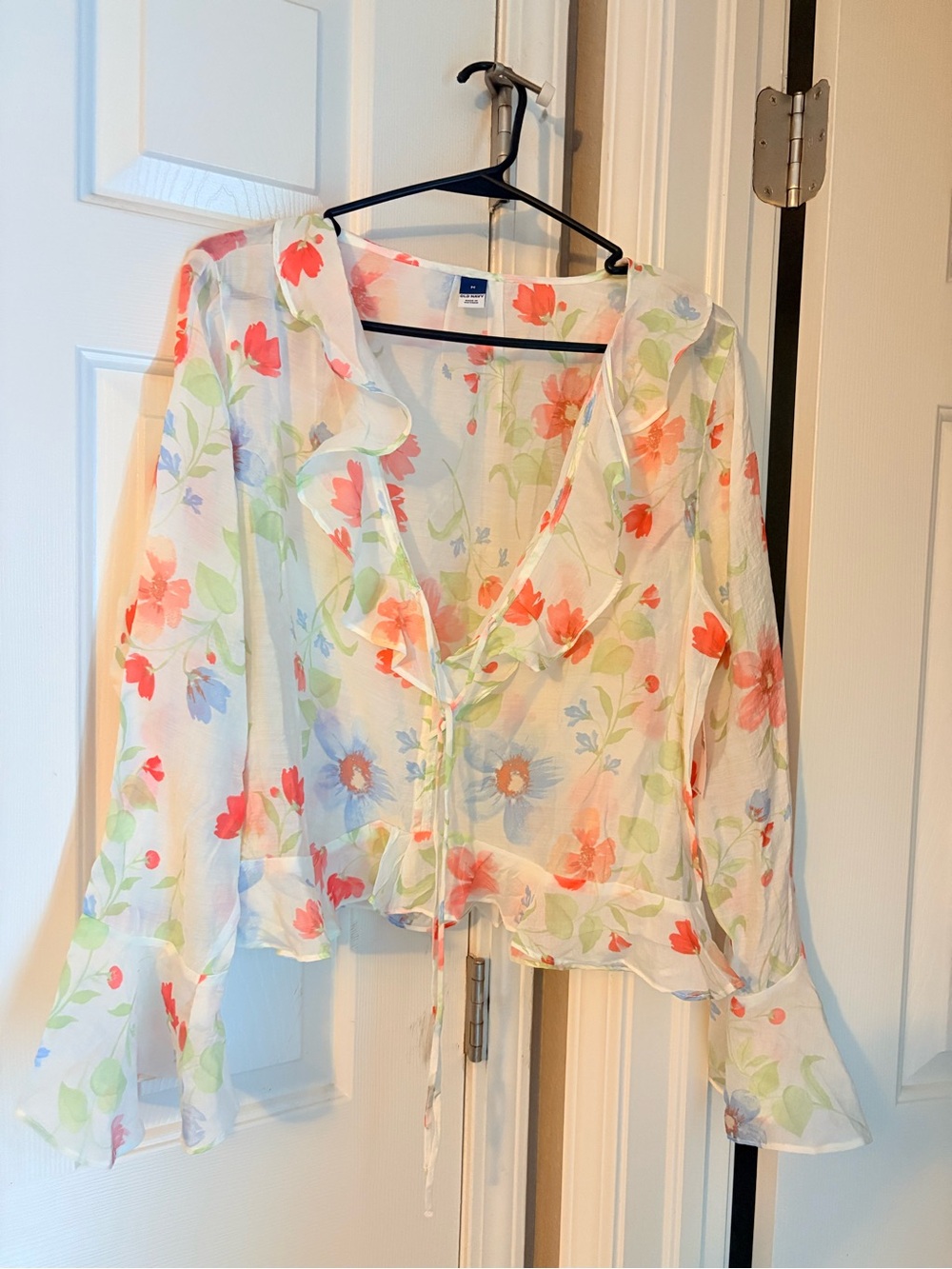 Old Navy Sheer Floral Ruffle Tie-Front Blouse - Coral & Light Blue